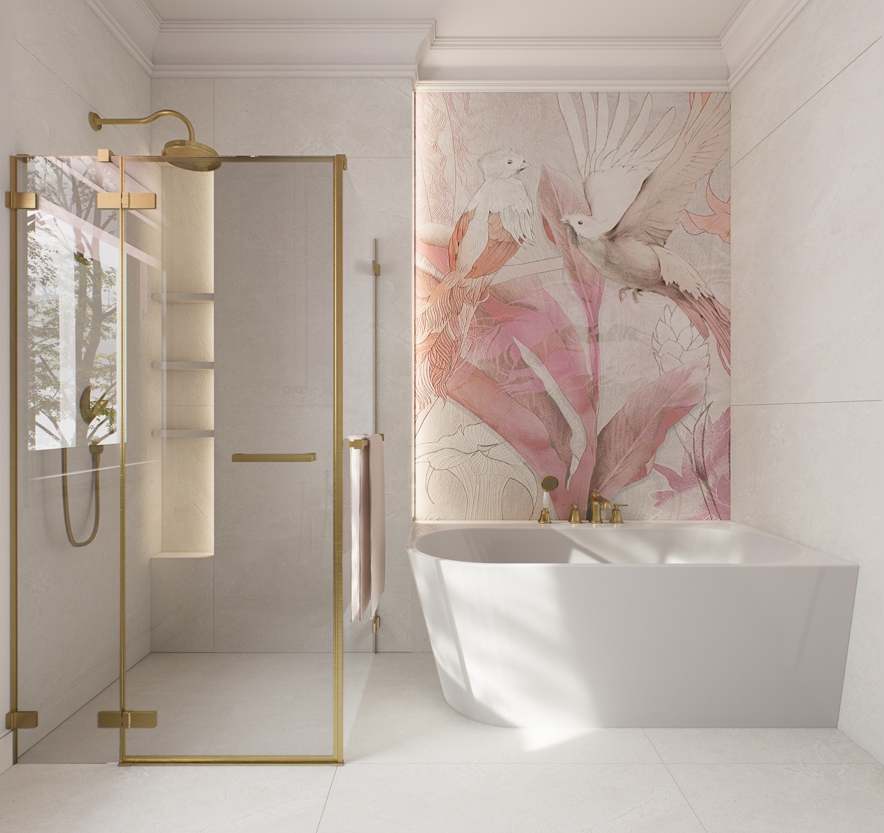 łazieka z tapetą, Cerrad Softstone Pearl, różowa tapeta Malumi Panama Pink, armatura Omnires Armence, Wanna Oltens Hulda, kabina prysznicowa Radaway z wahadłowymi drzwiami, sztukateryjne listwy przysufitowe