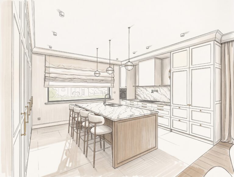 Heron House – kuchnia w stylu transitional z dużą wyspą, klasyczną zabudową i naturalnym drewnem