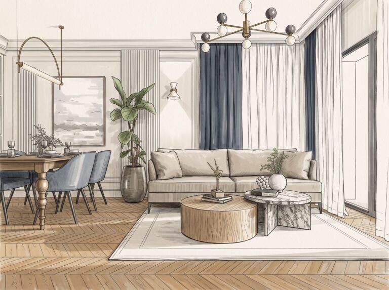 Blue Note – projekt salonu z jadalnią w stylu modern classic z niebieskimi akcentami i klasycznymi detalami