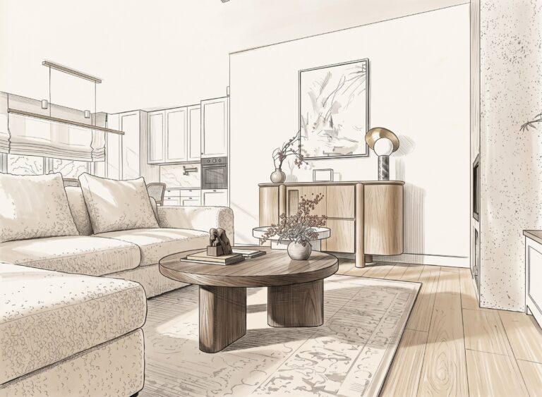 Oak & Stone – szkic architektoniczny projektu salonu z naturalnym drewnem, kamieniem i jasną, neutralną kolorystyką