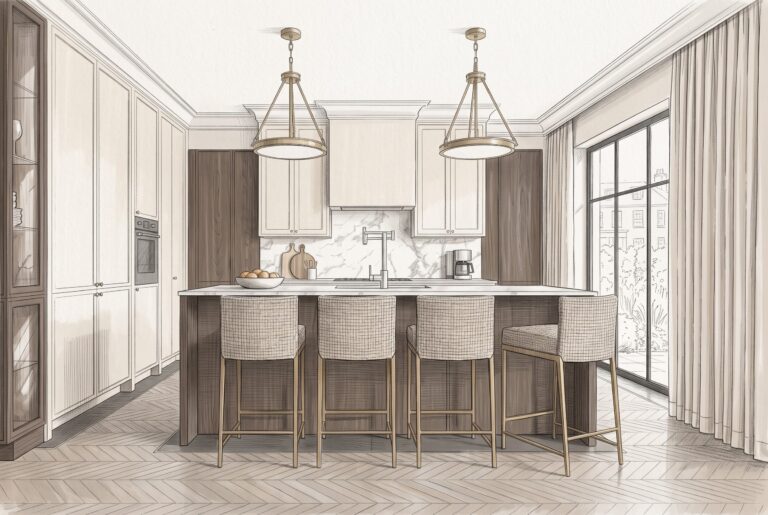 Park Residence – projekt kuchni w stylu transitional z wyspą, drewnianą zabudową i klasycznymi detalami